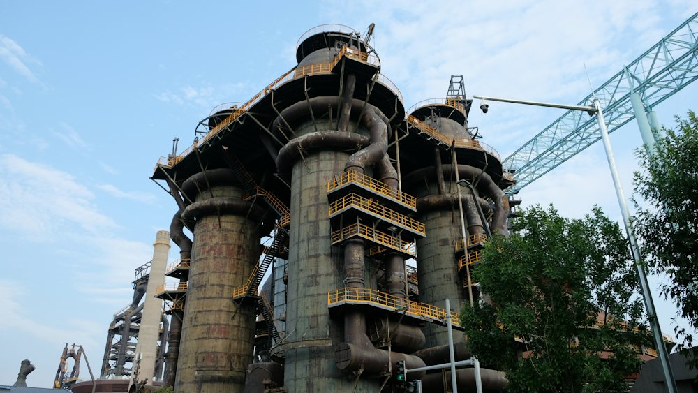 Blast furnaces with yellow stairways